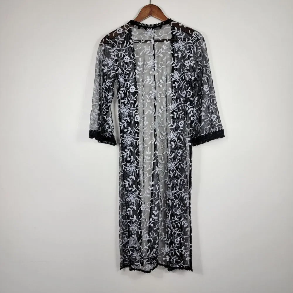 Colleen Lopez XS Duster Cardigan Kimono Embroidered Black White